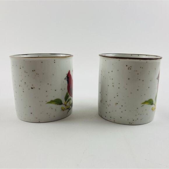 Set 2- Vintage Speckled Stoneware Red Cardinal Bird Ceramic Coffee Mugs Cups Tea - Picture 10 of 12